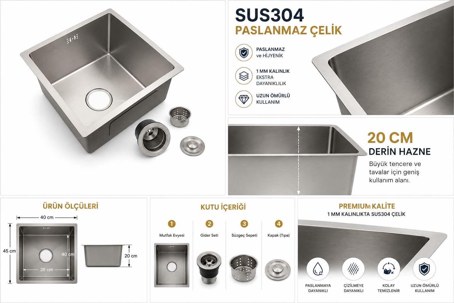Compact 40X45 cm Inox Mutfak Evyesi – SUS304 Paslanmaz Çelik | 1 mm Kalınlık | Ankastre Evye